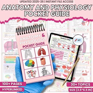 May include: A pink spiral-bound Anatomy & Physiology Pocket Guide with illustrations of human anatomy. A tablet displays muscle types, and a gold pen rests on the screen. The guide is 3.5 x 6.5 inches and has 100+ pages.