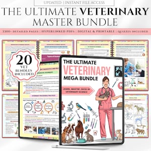 Pode incluir: Download digital do Ultimate Veterinary Master Bundle. Inclui 20 pacotes veterinários com mais de 3300 páginas detalhadas. A imagem mostra um tablet com uma ilustração veterinária e vários gráficos de animais, com o texto "The Ultimate Veterinary Mega Bundle."