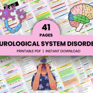 Puede incluir: Una descarga PDF imprimible rosa y blanca con 41 páginas de información sobre trastornos del sistema neurológico. La portada presenta ilustraciones de una neurona, un cerebro y una persona con dolor de cabeza.