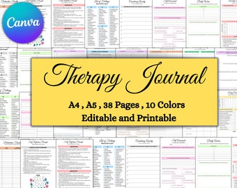 Therapy Journal | Therapy Worksheet | Printable & Editable | Instant Download | Therapy Notes | DBT Journal | 38 Pages and 10 colours