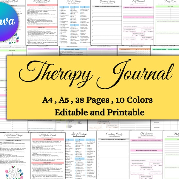 Therapy Journal | Therapy Worksheet | Printable & Editable | Instant Download | Therapy Notes | DBT Journal | 38 Pages and 10 colours