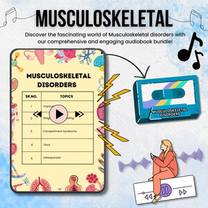 Puede incluir: Una ilustraci&oacute;n digital de una pantalla de tableta con una lista de trastornos musculoesquel&eacute;ticos, que incluyen fracturas, s&iacute;ndrome compartimental, gota y osteoporosis. La tableta est&aacute; junto a una cinta de casete con el texto "Trastornos musculoesquel&eacute;ticos" en ella. La imagen est&aacute; rodeada de notas musicales y ondas sonoras.