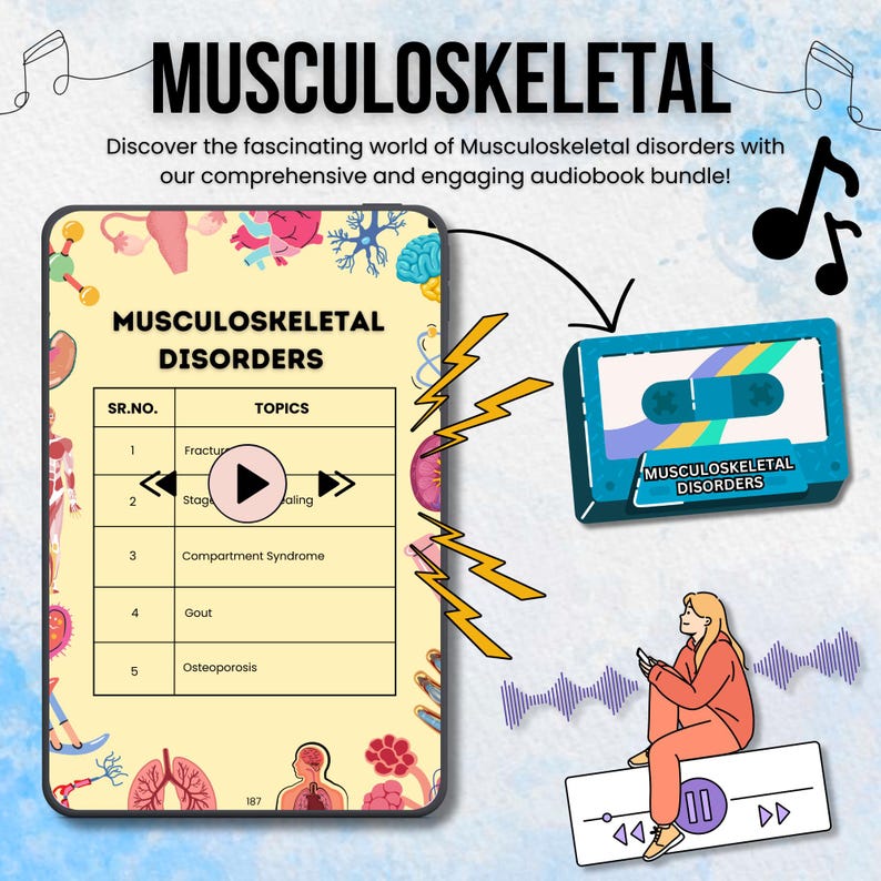 Puede incluir: Una ilustraci&oacute;n digital de una pantalla de tableta con una lista de trastornos musculoesquel&eacute;ticos, que incluyen fracturas, s&iacute;ndrome compartimental, gota y osteoporosis. La tableta est&aacute; junto a una cinta de casete con el texto "Trastornos musculoesquel&eacute;ticos" en ella. La imagen est&aacute; rodeada de notas musicales y ondas sonoras.
