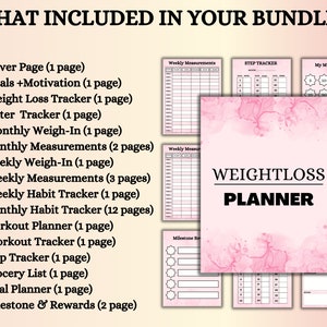 May include: A pink and white printable weight loss planner with the text "WEIGHTLOSS PLANNER" in black. The planner includes pages for tracking weekly measurements, steps, milestones, and rewards.