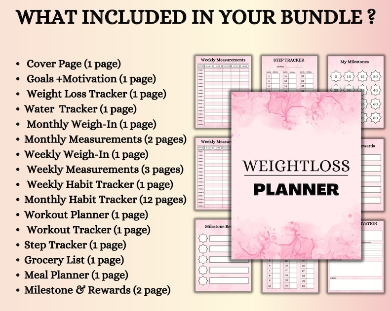 May include: A pink and white printable weight loss planner with the text "WEIGHTLOSS PLANNER" in black. The planner includes pages for tracking weekly measurements, steps, milestones, and rewards.