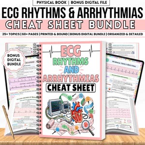 May include: A spiral-bound book titled ECG Rhythms and Arrhythmias Cheat Sheet with a pink border. The cover features a heart illustration, a medical monitor, and ECG strips. The bundle includes a bonus digital file and printed pages.