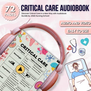 May include: A pink and white illustration of a stethoscope, a heart, a first aid kit, and a medical drip bag. A pink headset is over a page with the title "Critical Care" and a list of topics including stroke, seizures, traumatic brain injury, and respiratory infections. The page is on a white background with a pink and white illustration of a hospital bed with a patient in it.