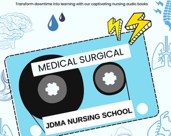 May include: A blue and white cassette tape with the text "MEDICAL SURGICAL" and "JDMA NURSING SCHOOL". The cassette tape is surrounded by illustrations of human organs, including a brain, lungs, heart, and kidneys.