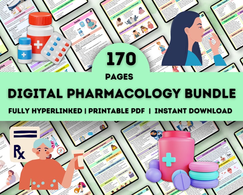 Pharmacology Bundle 170 Pages | Fully Hyperlinked & Printable PDF | Nursing School Notes | Nurse Report Sheet | Medication Guide image 1