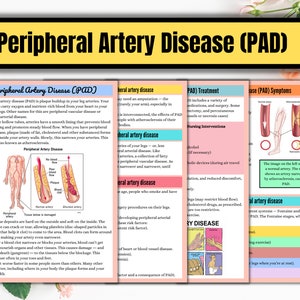 May include: An infographic explaining peripheral artery disease (PAD), a condition where plaque builds up in the arteries of the legs, restricting blood flow. The infographic includes illustrations of healthy and diseased arteries, as well as information on symptoms, treatment, and nursing interventions.
