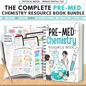 May include: A Pre-Med Chemistry Resource Book Bundle with a physical book and bonus digital file. The cover features the title "PRE-MED Chemistry RESOURCE BOOK" with cartoon illustrations of lab equipment and students. Includes 35+ topics and 105+ pages.
