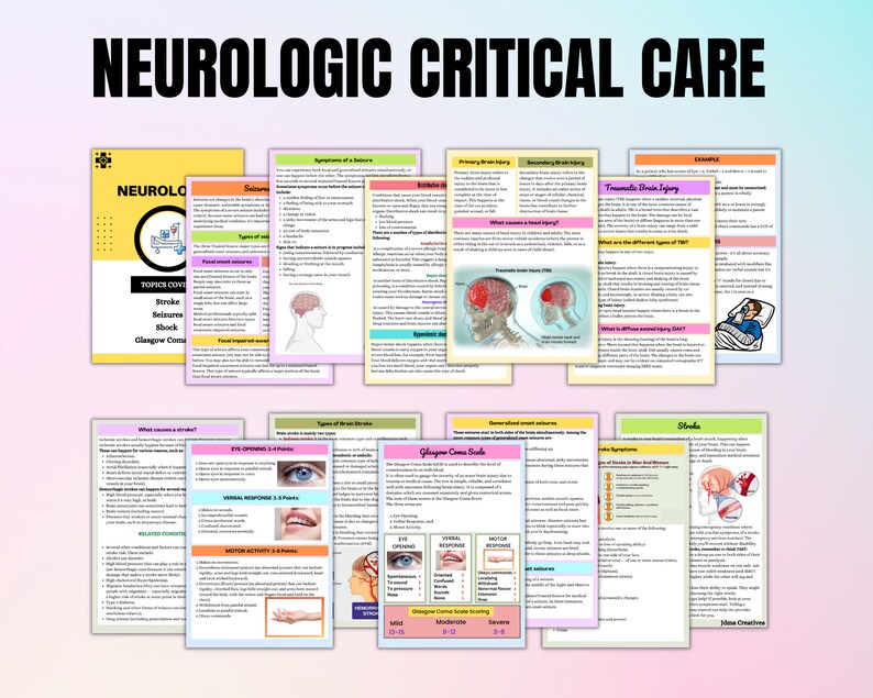May include: A collection of educational medical reference sheets on neurologic critical care. The sheets cover topics such as stroke, seizures, and shock, with diagrams and text. The title "NEUROLOGIC CRITICAL CARE" is displayed at the top.