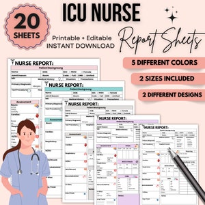 May include: A set of 20 printable and editable ICU nurse report sheets. The sheets are available in 5 different colours, 2 sizes, and 2 designs. The sheets include sections for patient background, assessment, vital signs, and notes.
