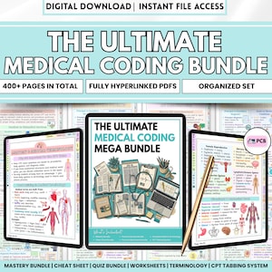 Medical Coding Bundle 400+ Pages | ICD-10 CPT Study Guide PDF | Coding Worksheets, Quizzes Cheat Sheets | Nursing & Healthcare Students