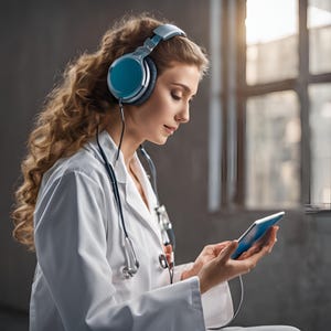 May include: A woman wearing a white lab coat and stethoscope is listening to music with blue headphones while looking at a tablet.