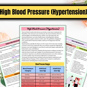 May include: A colorful infographic about high blood pressure (hypertension) with a chart showing blood pressure ranges for healthy, elevated, stage 1 hypertension, and stage 2 hypertension. The chart includes systolic and diastolic blood pressure readings in millimeters of mercury (mmHg). The infographic also includes information about the causes of high blood pressure, including primary and secondary hypertension.