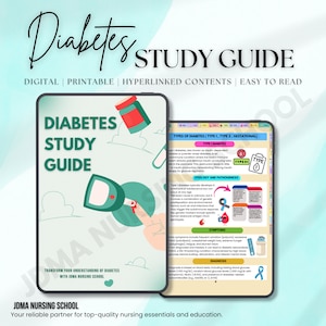 Könnte beinhalten: Ein farbenfroher Studienleitfaden für Diabetes mit dem Titel "Diabetes Study Guide" und dem Text "Transformieren Sie Ihr Verständnis von Diabetes mit JDMA Nursing School". Der Leitfaden enthält Informationen zu den Arten von Diabetes, der Ätiologie und Pathogenese, den Symptomen und der Diagnose.