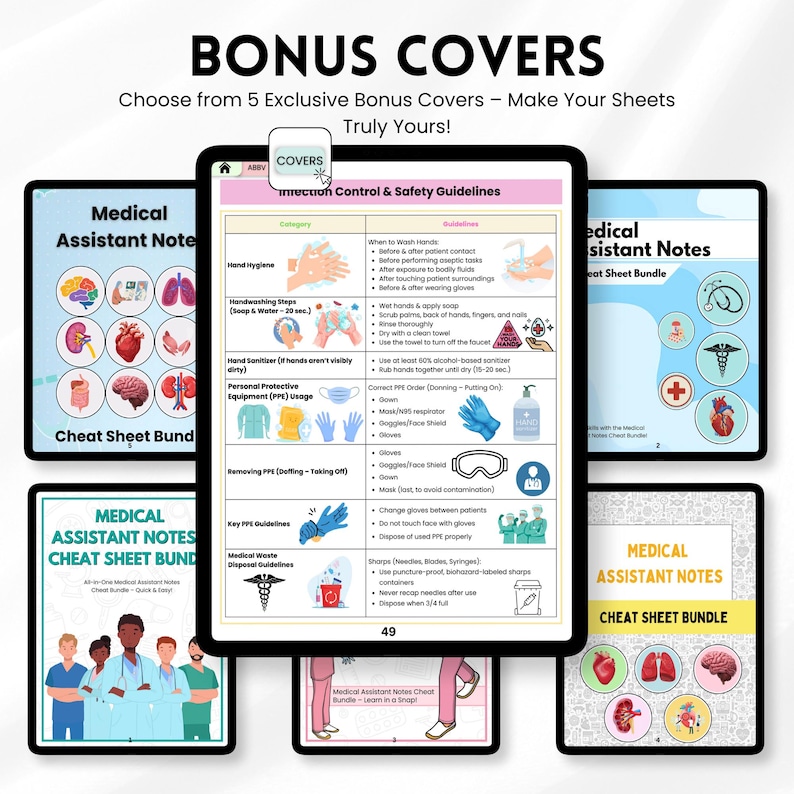 May include: A collection of medical assistant notes cheat sheet bundles. The image displays several digital tablets with medical diagrams and guidelines. The text includes "Bonus Covers" and "Medical Assistant Notes Cheat Sheet Bundle."
