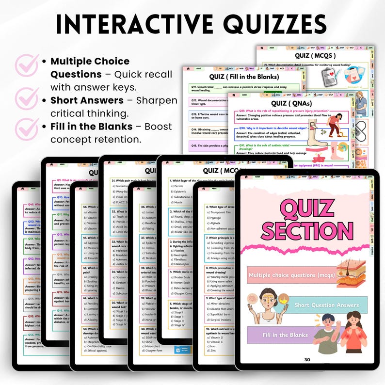 May include: Tablets displaying interactive quizzes with multiple-choice, short answer, and fill-in-the-blank questions. The quizzes are designed for quick recall, critical thinking, and concept retention. The image includes the text "Interactive Quizzes" and "Quiz Section".