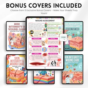 May include: A set of nursing study guides on skin integrity and wound care. The guides display diagrams of skin layers, wound types, and assessment details. The text includes "Wound Assessment" and "Nursing Study Guide".
