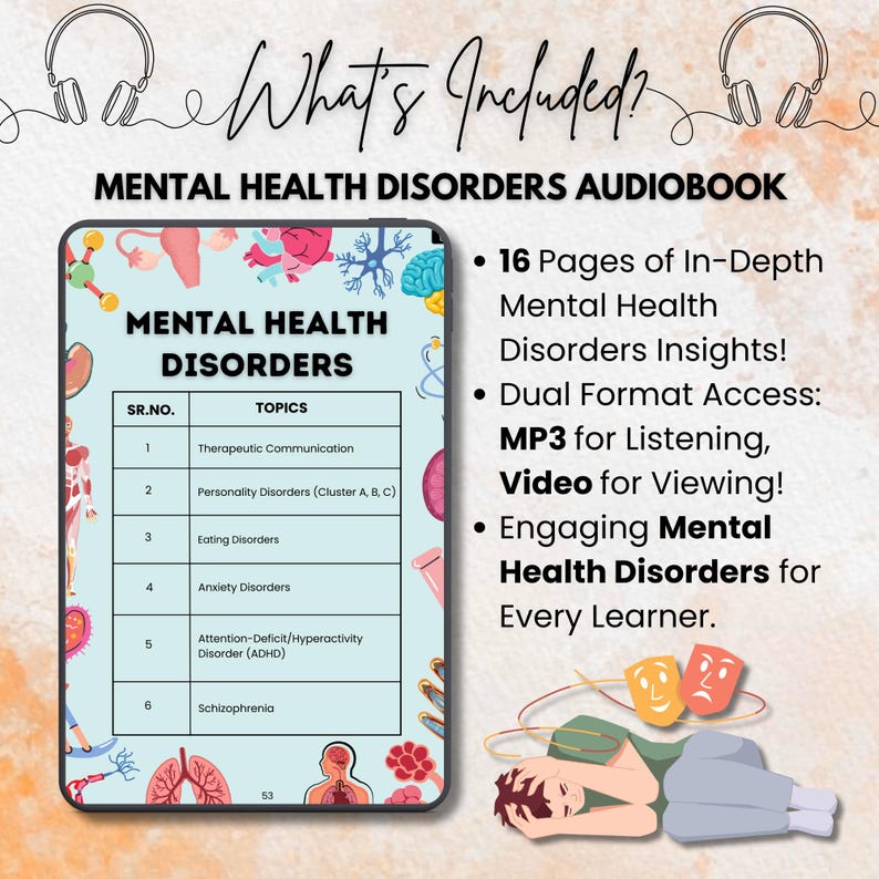 May include: A digital audiobook cover with a colorful illustration of a brain and the text "Mental Health Disorders" in a white box. The cover also includes a table listing topics such as therapeutic communication, personality disorders, eating disorders, anxiety disorders, attention-deficit/hyperactivity disorder, and schizophrenia. The text "What's Included?" is at the top of the cover, and the text "Mental Health Disorders Audiobook" is below the illustration. The cover also includes bullet points listing the audiobook's features, including 16 pages of in-depth mental health disorders insights, dual format access with MP3 for listening and video for viewing, and engaging mental health disorders for every learner.