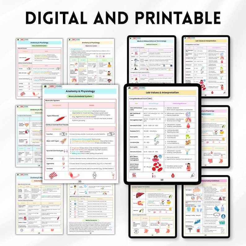 May include: Digital and printable medical study guides. The image shows several colorful educational charts and diagrams on tablets and paper. Topics include anatomy, physiology, and lab values. The text "DIGITAL AND PRINTABLE" is at the top.