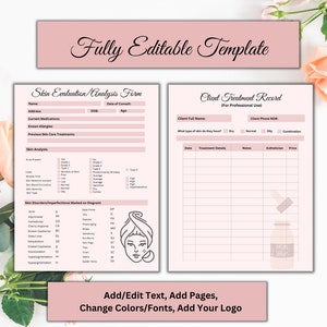 K&ouml;nnte beinhalten: Eine rosa-wei&szlig;e druckbare Vorlage f&uuml;r eine Hautbewertung und Behandlungsaufzeichnung. Die Vorlage enth&auml;lt Abschnitte f&uuml;r Kundeninformationen, Hautanalyse, Hauterkrankungen, Behandlungsdetails, Notizen und Preis. Die Vorlage ist vollst&auml;ndig editierbar und kann mit Text, Farben, Schriftarten und einem Logo angepasst werden.