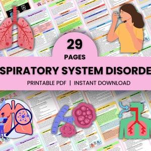 May include: A pink and white graphic with the text "29 Pages" and "Respiratory System Disorders" in a large font. Below the text is "Printable PDF | Instant Download". The graphic features illustrations of the respiratory system, including lungs, airways, and a person using an inhaler.