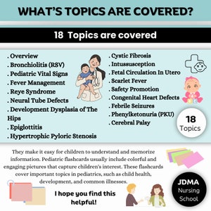 Może przedstawiać: Kolorowa infografika z 18 tematami poruszanymi w opiece pediatrycznej. Tematy są wymienione w dw&oacute;ch kolumnach z ilustracjami lekarza trzymającego dziecko i dziecka bawiącego się klockami. Tekst "18 temat&oacute;w" znajduje się w k&oacute;łku z białym tłem i czerwoną obw&oacute;dką. Tekst "JDMA Nursing School" znajduje się w k&oacute;łku z białym tłem i niebieską obw&oacute;dką.