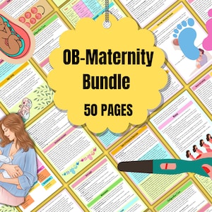 Könnte beinhalten: Eine gelbe und weiße Illustration eines Pakets mit OB-Mutter-Ressourcen. Der Titel "OB-Maternity Bundle" ist in fetter, schwarzer Schrift. Der Text "50 PAGES" ist in kleinerer, schwarzer Schrift. Das Bild ist von verschiedenen Illustrationen umgeben, die mit Schwangerschaft und Geburt zusammenhängen, darunter eine schwangere Frau, ein Baby, ein Schwangerschaftstest und Babyfüße.