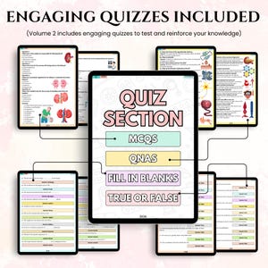 May include: A digital tablet displays a "QUIZ SECTION" with options for MCQS, QNAS, Fill in Blanks, and True or False. Surrounding tablets show quiz questions with diagrams. The text "ENGAGING QUIZZES INCLUDED" is at the top.
