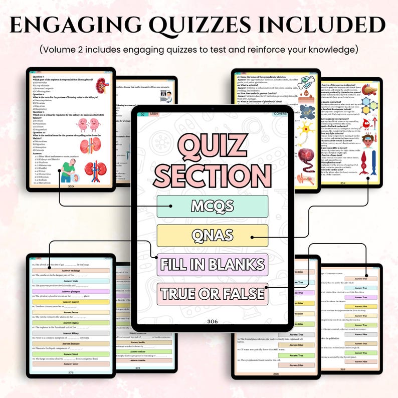 May include: A digital tablet displays a "QUIZ SECTION" with options for MCQS, QNAS, Fill in Blanks, and True or False. Surrounding tablets show quiz questions with diagrams. The text "ENGAGING QUIZZES INCLUDED" is at the top.