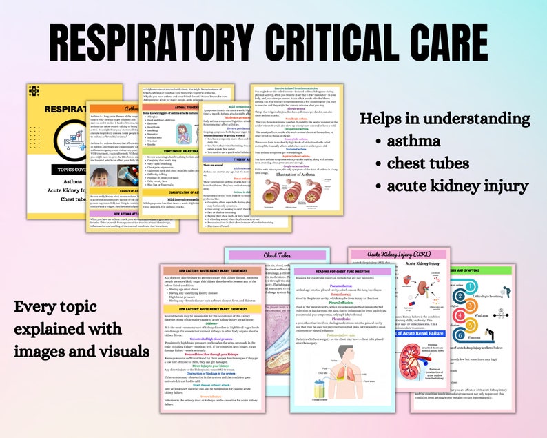 May include: A collection of educational materials on respiratory critical care. The image includes several pages with text and visuals explaining topics such as asthma, chest tubes, and acute kidney injury. The text "RESPIRATORY CRITICAL CARE" is at the top.