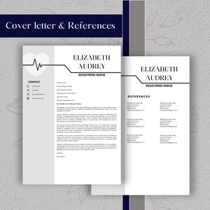 May include: Black and white cover letter and references template for a registered nurse named Elizabeth Audrey. The template includes contact information, a cover letter, and a references page.