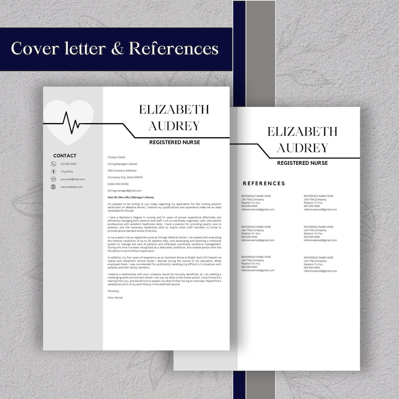 May include: Black and white cover letter and references template for a registered nurse named Elizabeth Audrey. The template includes contact information, a cover letter, and a references page.
