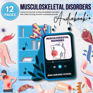 Puede incluir: Una portada de audiolibro azul y blanca con el t&iacute;tulo "Musculoskeletal Disorders" y el texto "Unlock the Secrets of Musculoskeletal Disorders with JDMA Nursing School's Audiobook Bundle". La portada presenta una ilustraci&oacute;n de dibujos animados de una persona con dolor de espalda.