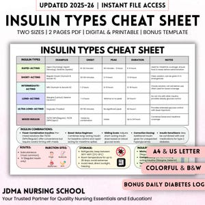 Cheatsheet insulinetypen, dagelijks bonuslogboek diabetes, studiegids insuline, insulinebeheer, insuline-informatieblad, digitaal en afdrukbaar