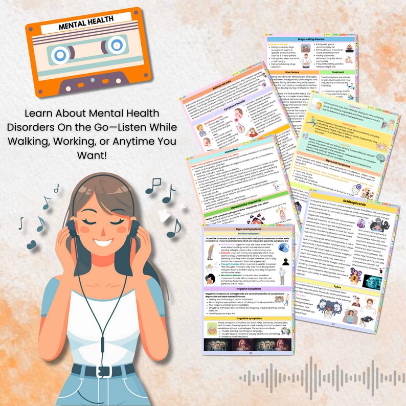 May include: A colorful illustration of a person listening to a cassette tape with headphones. The text "Learn About Mental Health Disorders On the Go-Listen While Walking, Working, or Anytime You Want!" is displayed above the image.