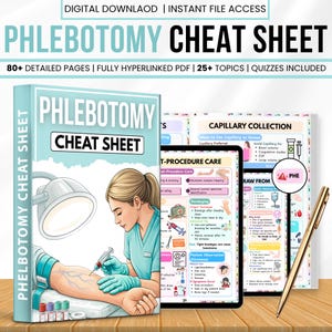 Puede incluir: Una hoja de trucos de flebotomía con el título "PHLEBOTOMY CHEAT SHEET". La imagen incluye un libro, una tableta y un bolígrafo. La portada del libro presenta una ilustración de un profesional médico realizando una extracción de sangre. La tableta muestra información médica.