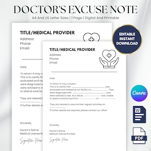 Editable Doctor's Excuse Letter, Excuse Note Template, Medical Excuse Note, Doctor's Excuse, A4 and US Letter Size, Instant Editable File
