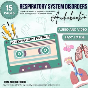 May include: A green and white cassette tape with the text "RESPIRATORY SYSTEM" on it. The image also includes a blue and white lightning bolt, a pair of headphones, and the text "RESPIRATORY SYSTEM DISORDERS Audiobook".