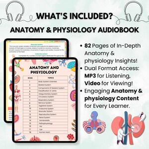 May include: A colorful digital illustration of a human body with various organs highlighted. The image is part of an anatomy and physiology audiobook with 82 pages of in-depth information. The audiobook is available in MP3 and video formats.