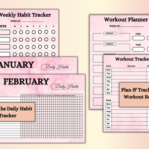 May include: A printable planner set with pink and white marble backgrounds. The set includes a weekly habit tracker, a daily habit tracker for 12 months, a workout planner, and a workout tracker.