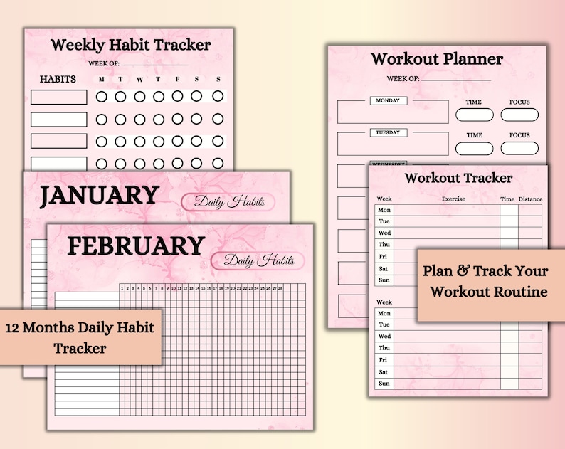 May include: A printable planner set with pink and white marble backgrounds. The set includes a weekly habit tracker, a daily habit tracker for 12 months, a workout planner, and a workout tracker.