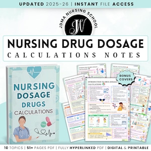 Könnte beinhalten: Ein digitaler und druckbarer Leitfaden zur Berechnung der Medikamentendosierung für Pflegekräfte. Das Cover zeigt eine Krankenschwester-Illustration und den Titel "Nursing Dosage Drugs Calculations". Der Leitfaden umfasst 10 Themen und über 51 PDF-Seiten. Der Text "Updated 2025-26" ist sichtbar.