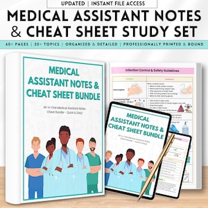 May include: A medical assistant study set with the title "MEDICAL ASSISTANT NOTES & CHEAT SHEET STUDY SET". The set includes a binder, a tablet, and a printed sheet with medical guidelines. The binder features a group of medical professionals.