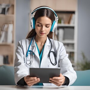 May include: A woman wearing a white lab coat and a stethoscope is listening to music with headphones while looking at a tablet.