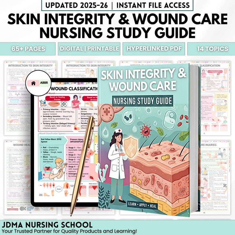 May include: A nursing study guide titled "Skin Integrity & Wound Care" with a teal cover, featuring illustrations of skin layers and a nurse. The image includes a tablet displaying study notes, a gold pen, and text indicating digital and printable formats.