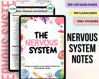 Nervous System Notes Hyperlinked, Bonus Flashcards Stickers Study Tips or Quiz, Neuro Anatomy, Med Surg Notes, Anatomy of Brain, Study Guide