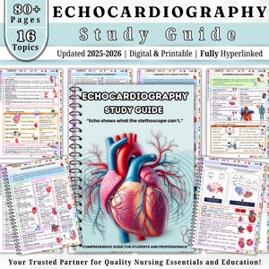 Puede incluir: Una guía de estudio encuadernada en espiral titulada "ECHOCARDIOGRAPHY Study Guide" con una ilustración detallada de un corazón. La guía incluye el texto "Updated 2025-2026" y "Digital & Printable". Se ven páginas adicionales con diagramas médicos.